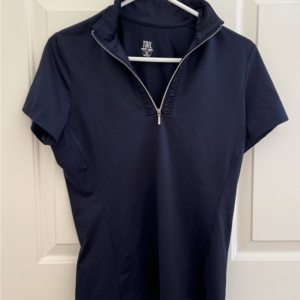 Tail Navy Blue Fitted Polo Tee with Silver Zipper
